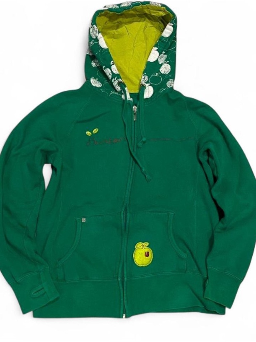2000s Burton Green Zip-Up Hoodie with Yellow-Lined Hood